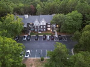 Aerial View of Completed Reconstruction of Damaged Apartment Building